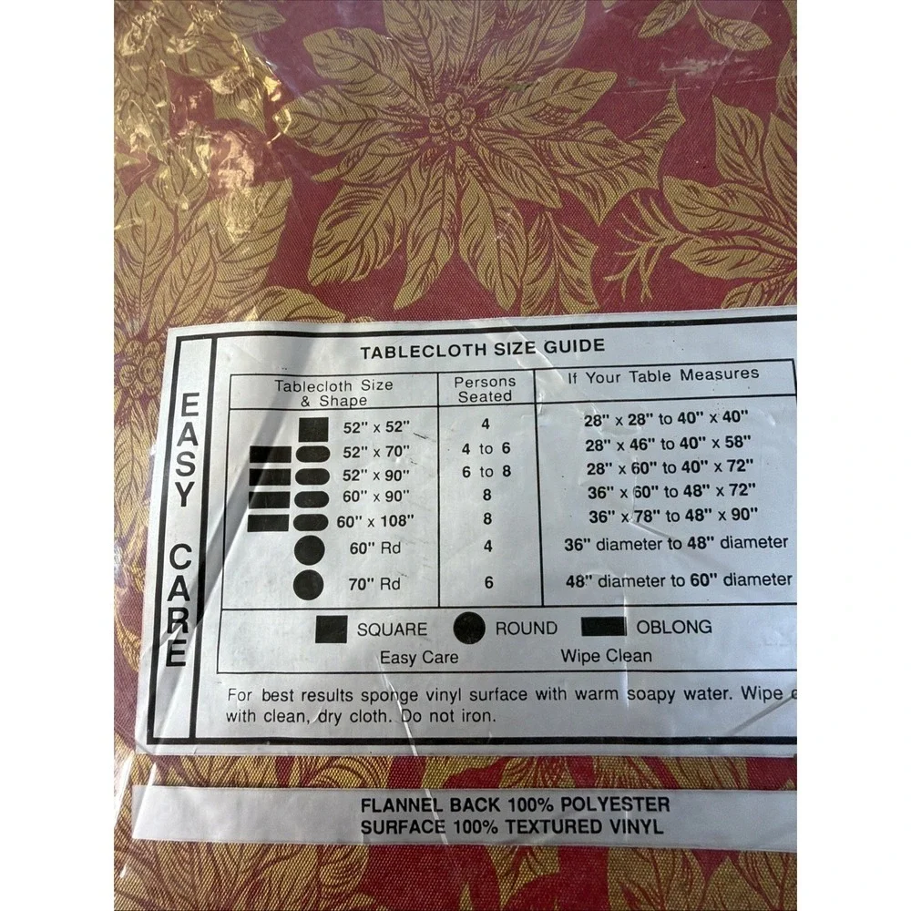 VTG Christmas Poinsettia Flannel Back Vinyl Tablecloth 52x70 Oblong Red Gold NOS